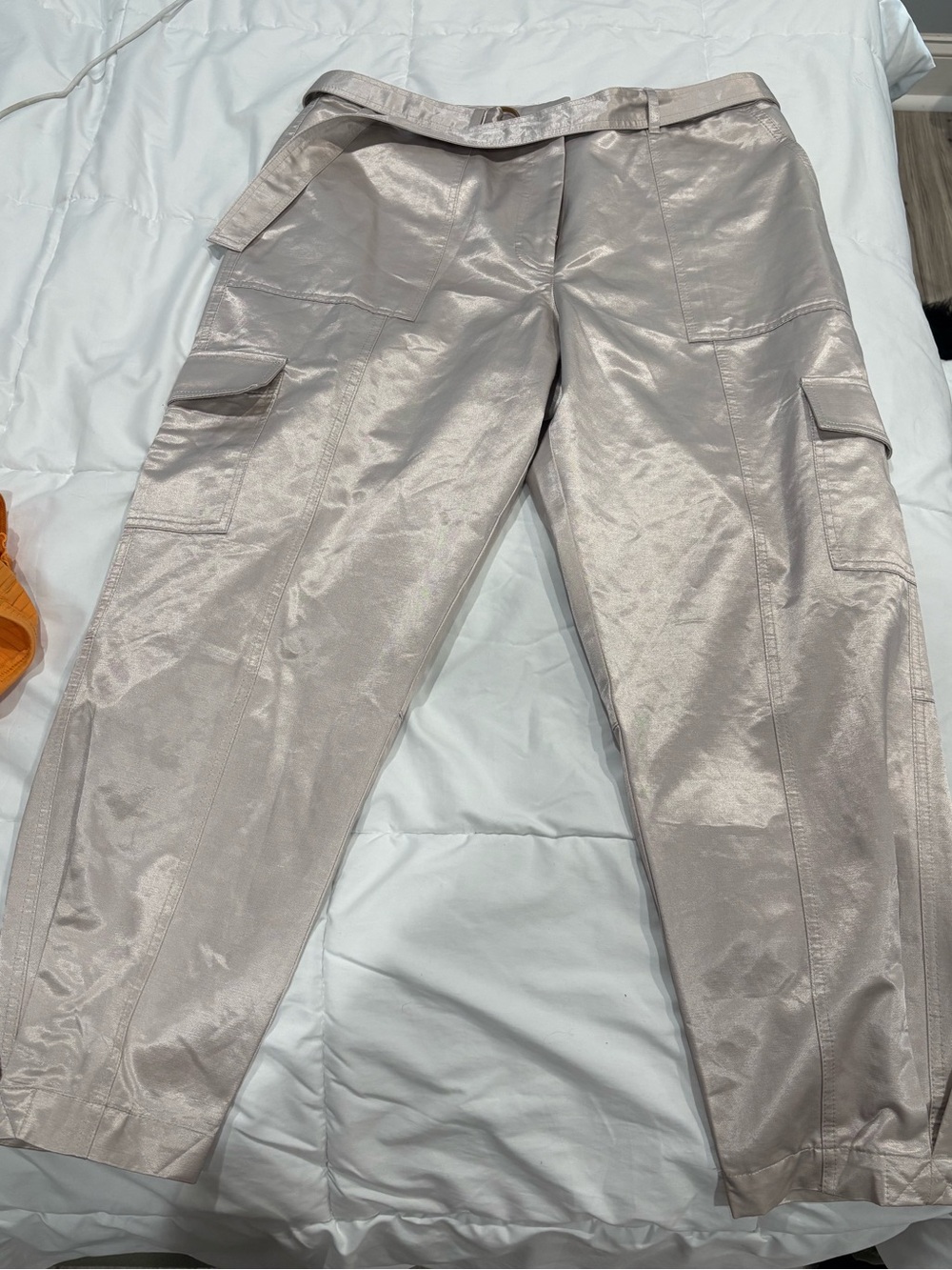 NWOT Shimmery Cargo Utility Pants in Light Silver-Beige- DKNY